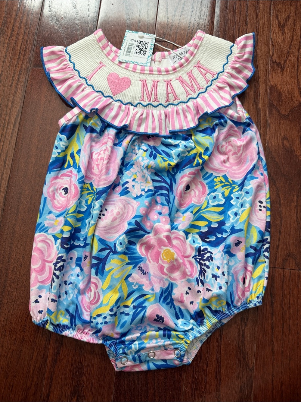 NWT Rylee + Cru Smocked 'I ♥ MAMA' Romper – Pink, Blue & White